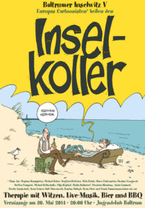 Plakat für eine Veranstaltung mit dem Titel 'Inselkoller'. Therapie mit Witzen, Live-Musik, Bier und BBQ