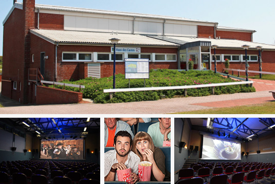 Collage aus Bildern vom Inselkino außen und dem Saal