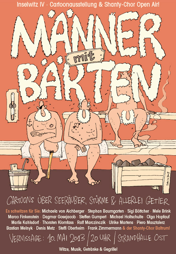 Plakat einer Cartoon-Ausstellung über Männer mit Bärten. MÄNNER mit BÄRTEN Vernissage: 10 MAI 2013 20 UHR Strandhalle OST